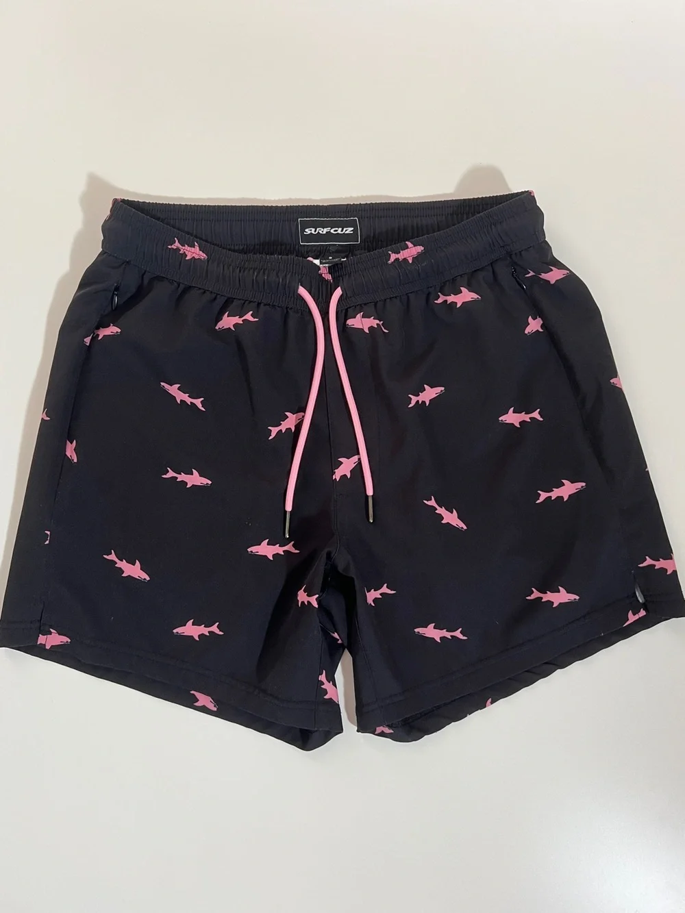 SURFCUZ Shark Print Swim Trunks S Quick Dry Compression Zip Pockets
